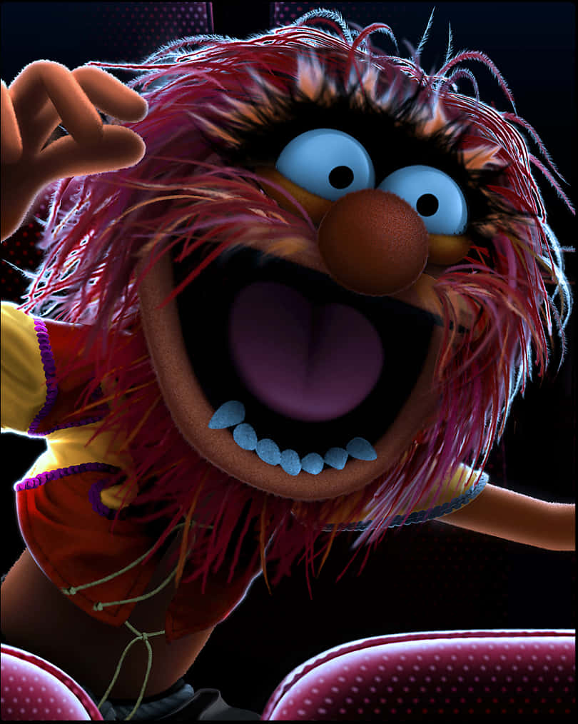 Animal Muppet 桌布 壁紙 — 《The Muppets》中Animal的特寫，擁有狂野的紅色毛髮、大眼睛和張開的嘴，露出牙齒和舌頭。