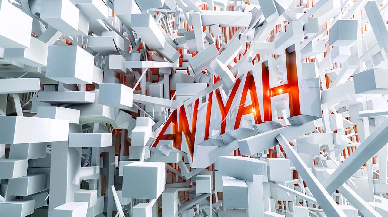  壁紙 — 名字 Aniyah 在混亂的 3D 渲染白色幾何方塊場中，以發光的紅色字母浮現。