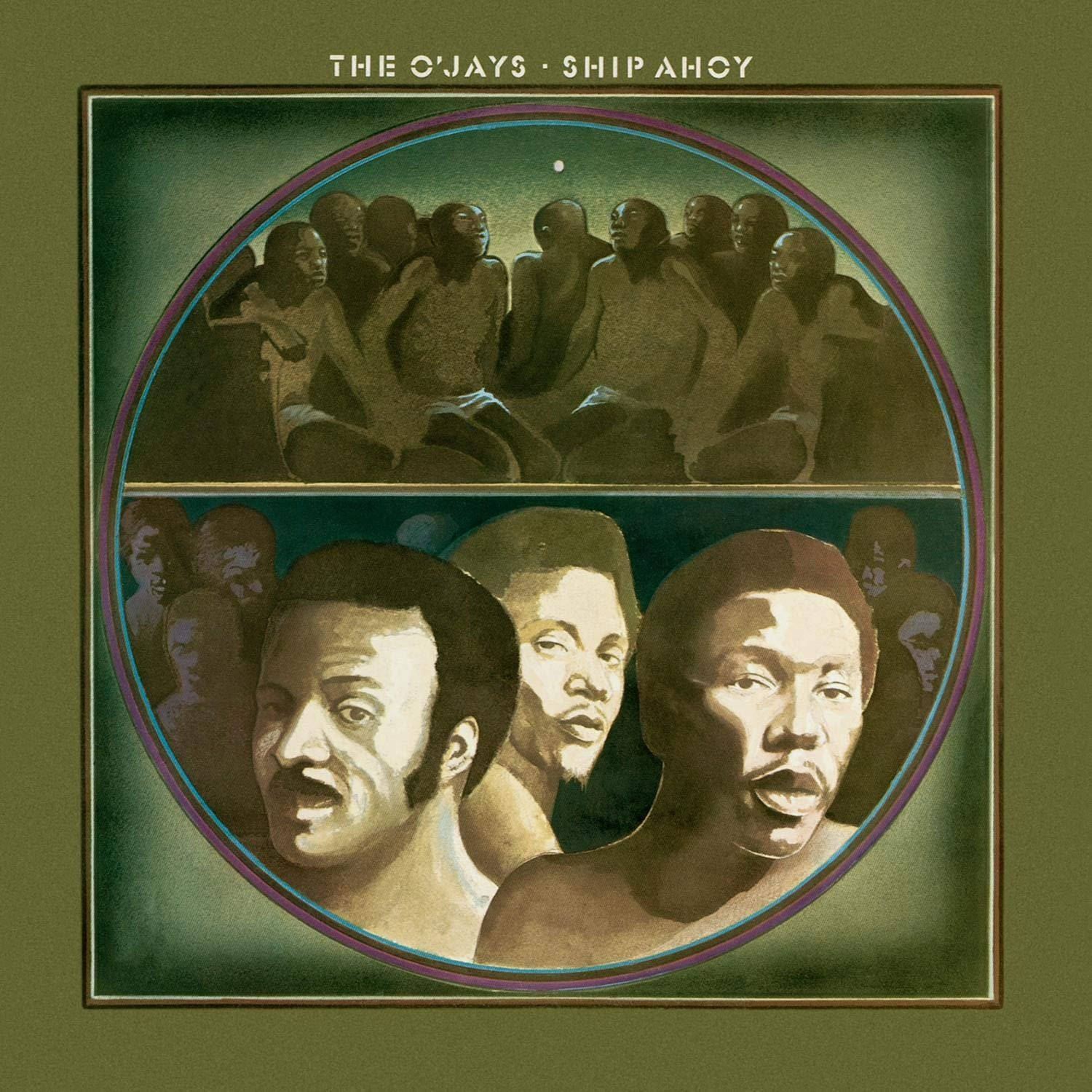 band 桌布 壁紙 — The O'Jays《Ship Ahoy》的插圖專輯封面，顯示三名男子在圓形框架內的一組坐著的人物下方唱歌。
