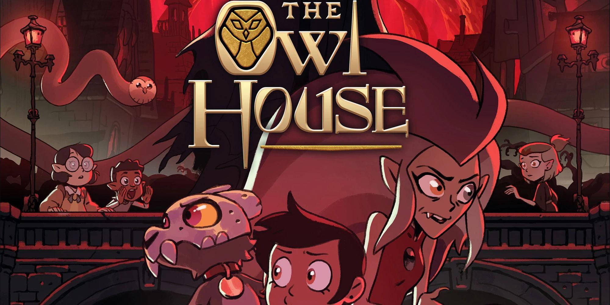 The Owl House 桌布 壁紙 — 《The Owl House》的風格化動畫海報，角色處於暗紅色哥德式場景中，帶有發光的眼睛和燈籠。