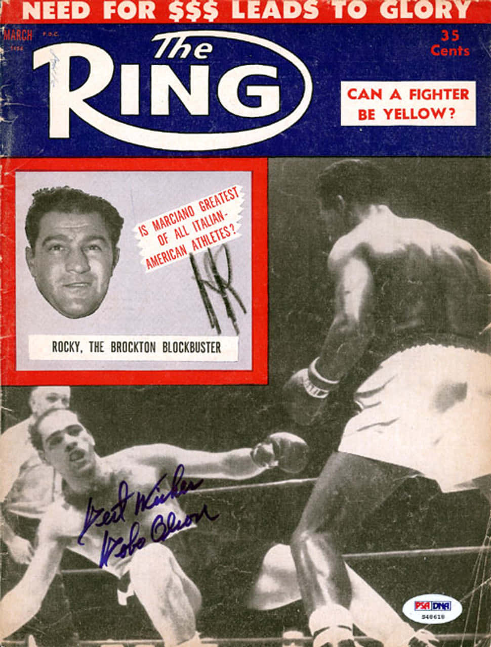 Boxing 桌布 壁紙 — 《The Ring》雜誌的復古黑白封面， featuring 拳擊傳奇人物 Rocky Marciano 和 Kid Nichols 在擂台上戲劇性的動作。
