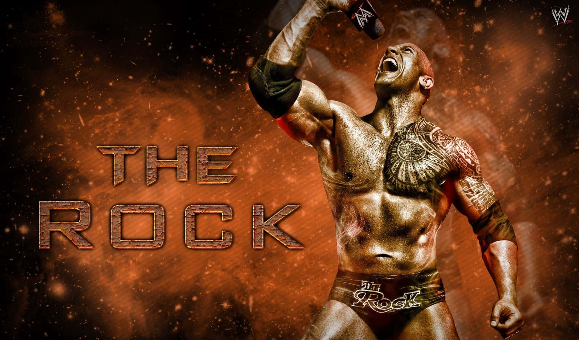 The Rock 桌布 壁紙 — The Rock 在充滿火焰橙棕色粒子的背景下，勝利地高舉他的冠軍腰帶。