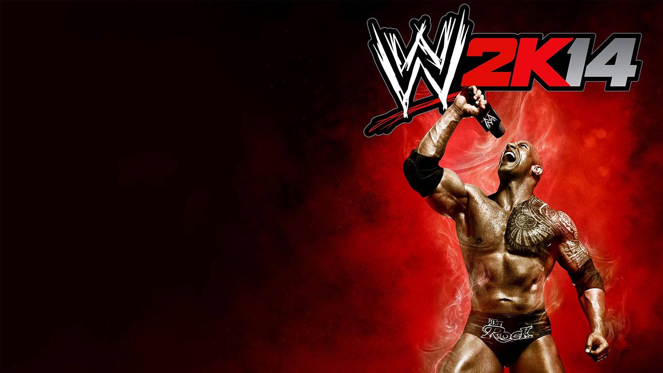WWE 桌布 壁紙 — The Rock 在熾熱的紅黑背景前，手持麥克風，發出勝利的咆哮，背景有WWE 2K14標誌。