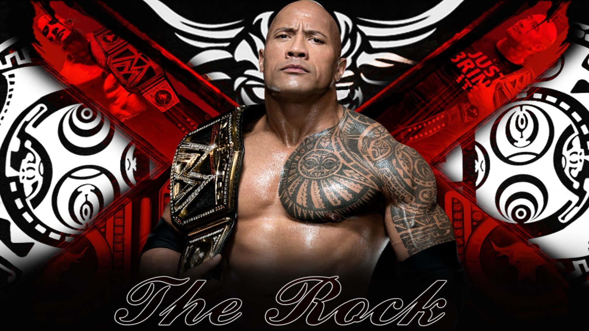The Rock 桌布 壁紙 — The Rock 肌肉發達、神情強烈，手持冠軍腰帶，背景是大膽的紅黑部落圖案。