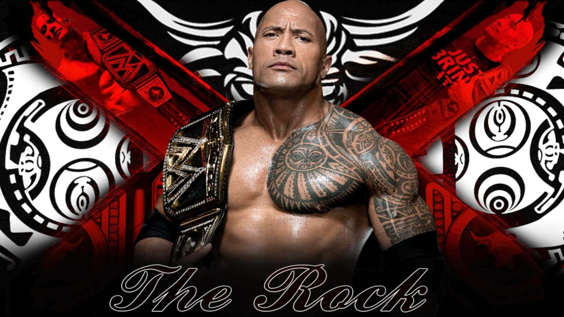 WWE Desktop 桌布 壁紙 — The Rock 赤裸上身，帶著冠軍腰帶和部落紋身，站在大膽的紅黑圖形背景前。