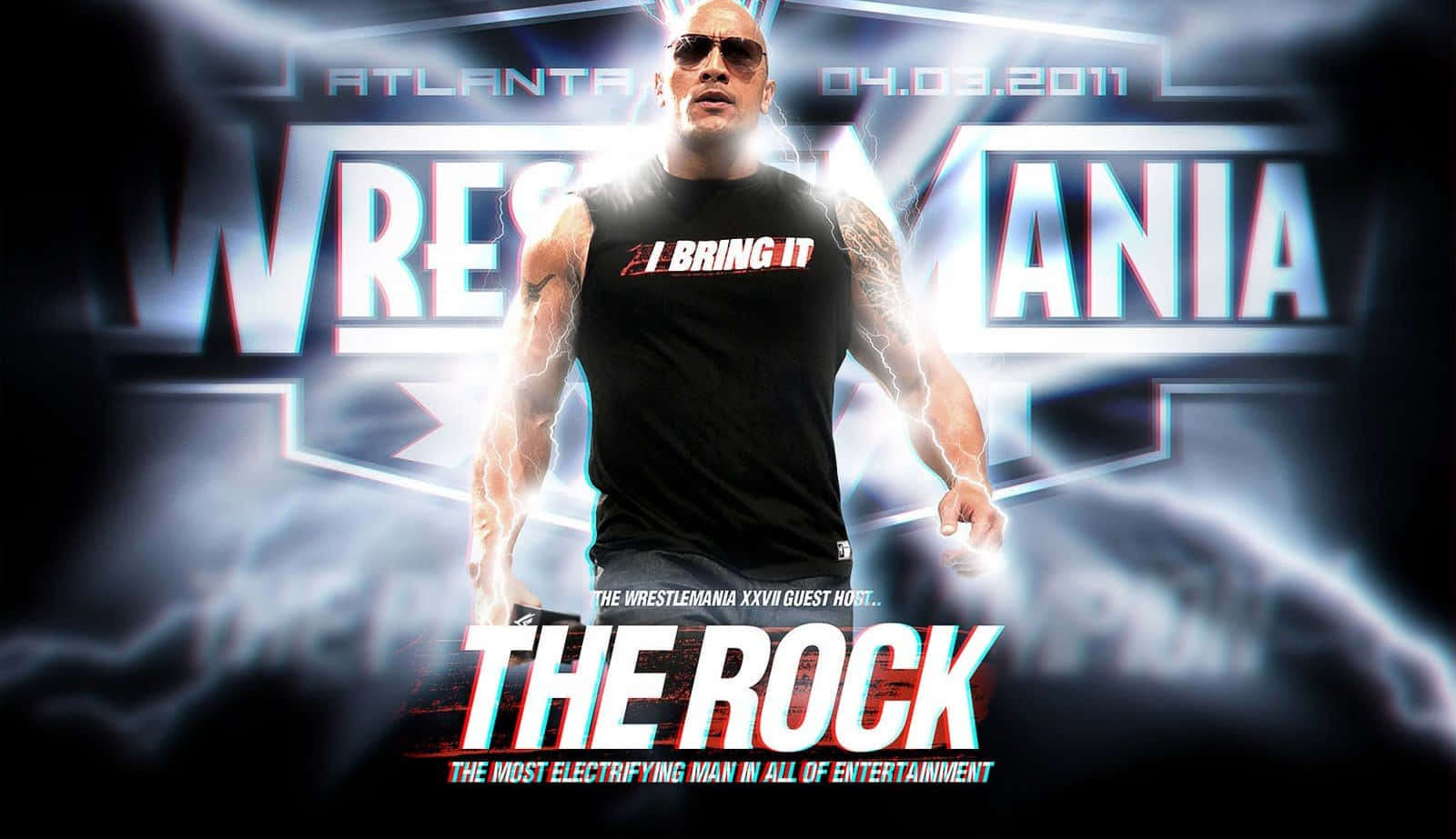 The Rock 桌布 壁紙 — The Rock 身穿黑色背心，在閃電效果的發光 WrestleMania 背景下充滿電力地站立。