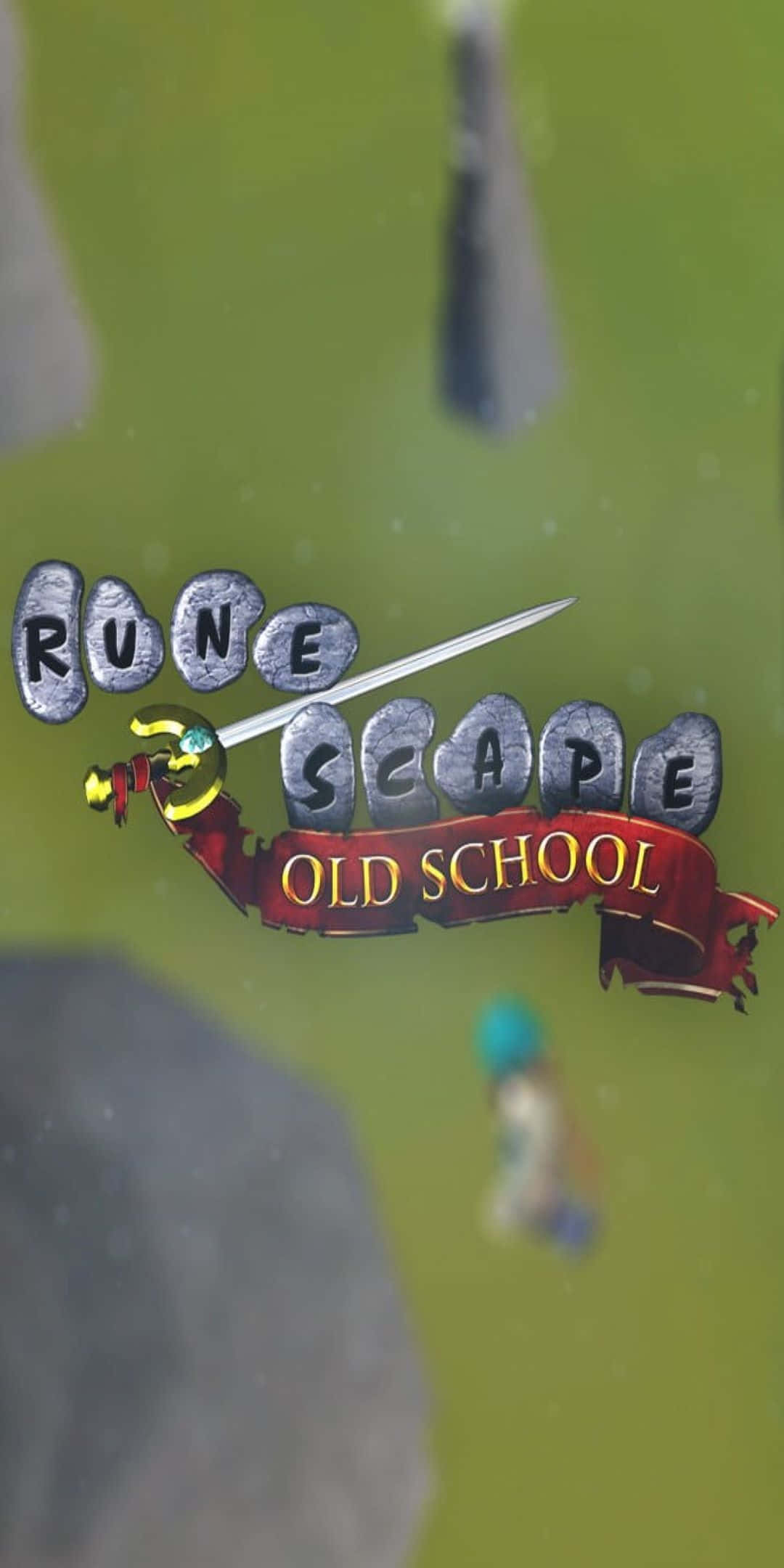 Pixel 3 Oled 桌布 壁紙 — RuneScape Old School 標誌發光，一把劍刺穿石頭字母，背景是模糊的綠色風景。