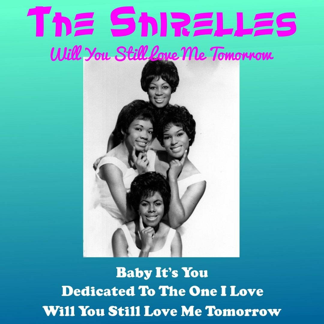 Album Cover 桌布 壁紙 — The Shirelles 微笑的復古黑白照片，帶有粉紅色文字和藍綠色漸變背景。