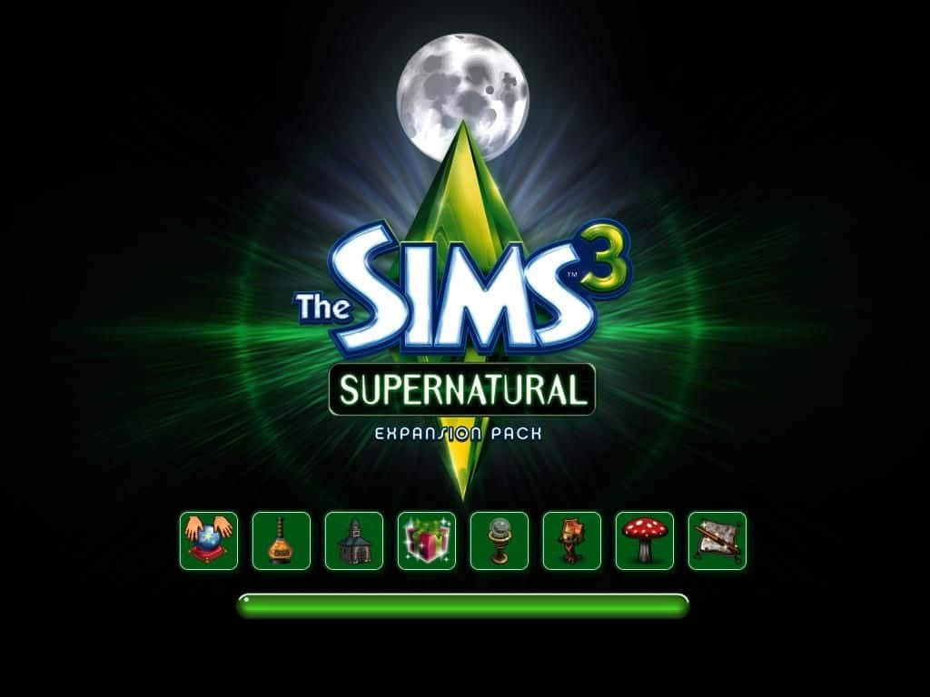 電玩遊戲 桌布 壁紙 — 《The Sims 3 Supernatural》資料片標誌在黑暗背景下的滿月下發出綠色光芒。