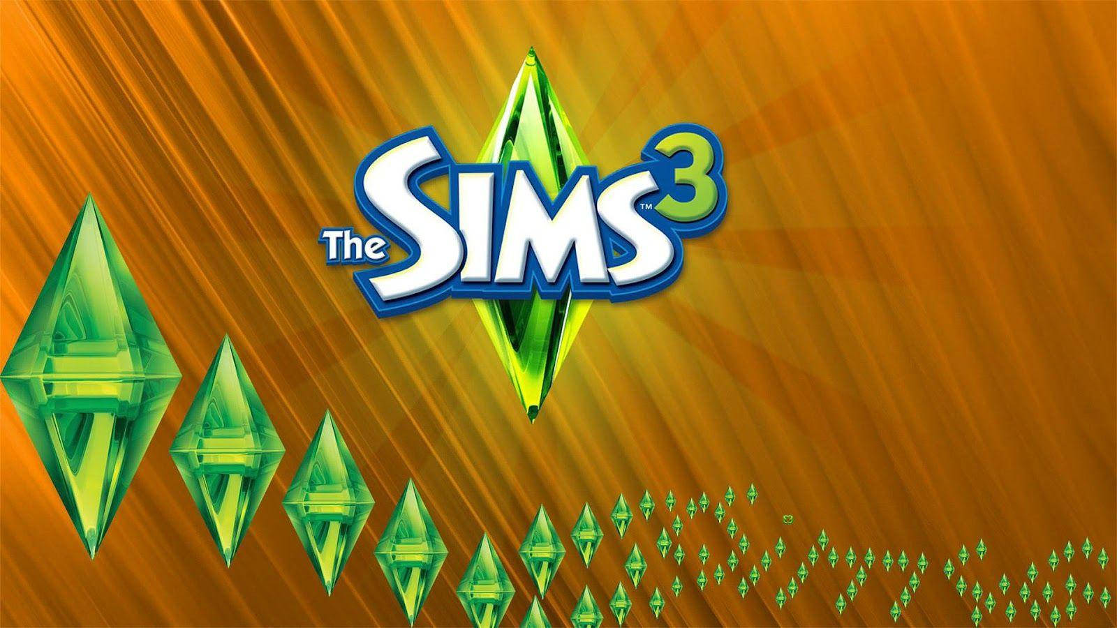 鑽石 桌布 壁紙 — The Sims 3 標誌，帶有發光的綠色鑽石形狀，背景為明亮的橙色。
