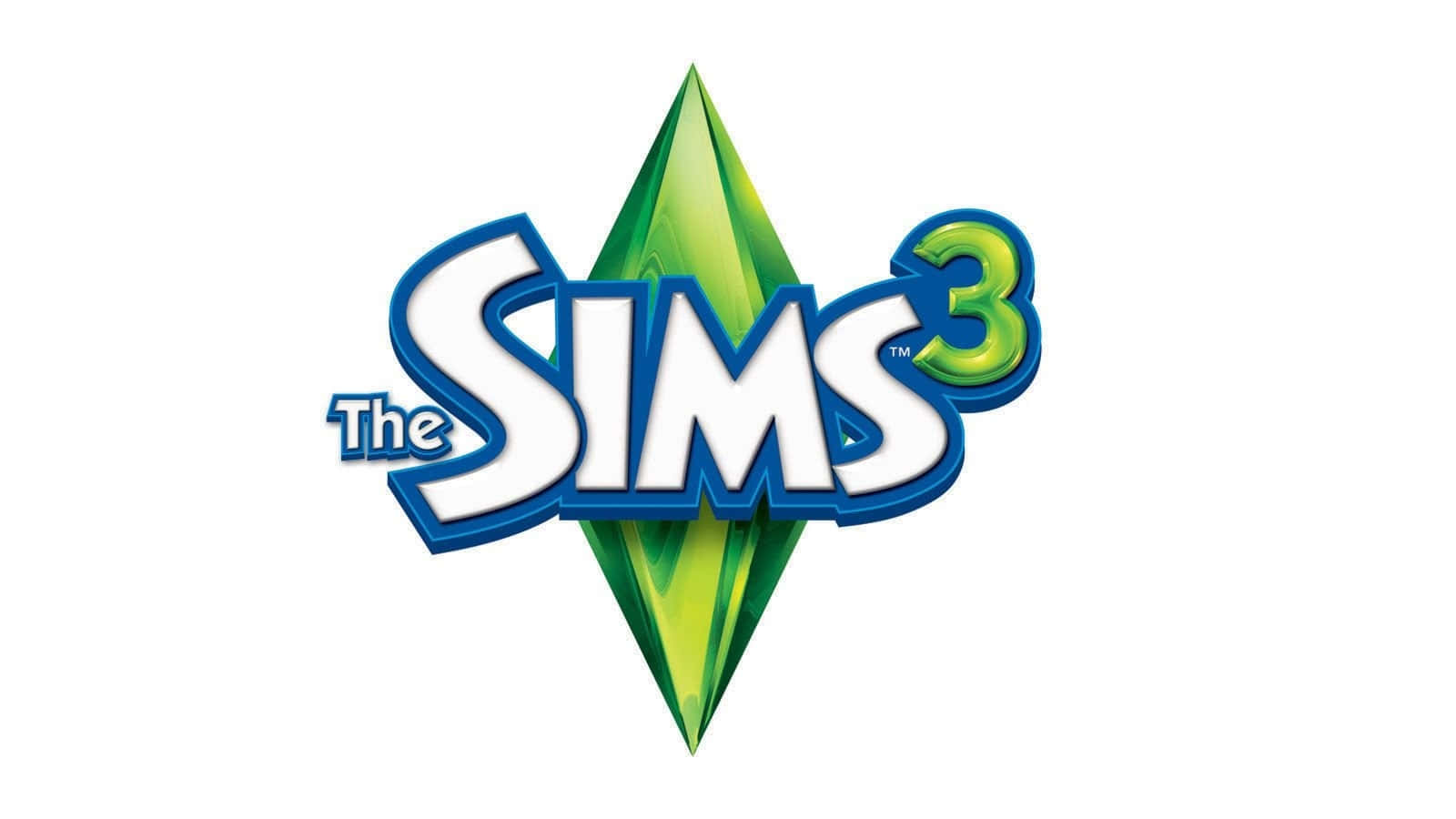 電玩遊戲 桌布 壁紙 — The Sims 3 標誌，特色是綠色寶石和白色背景上的粗體藍色輪廓文字。