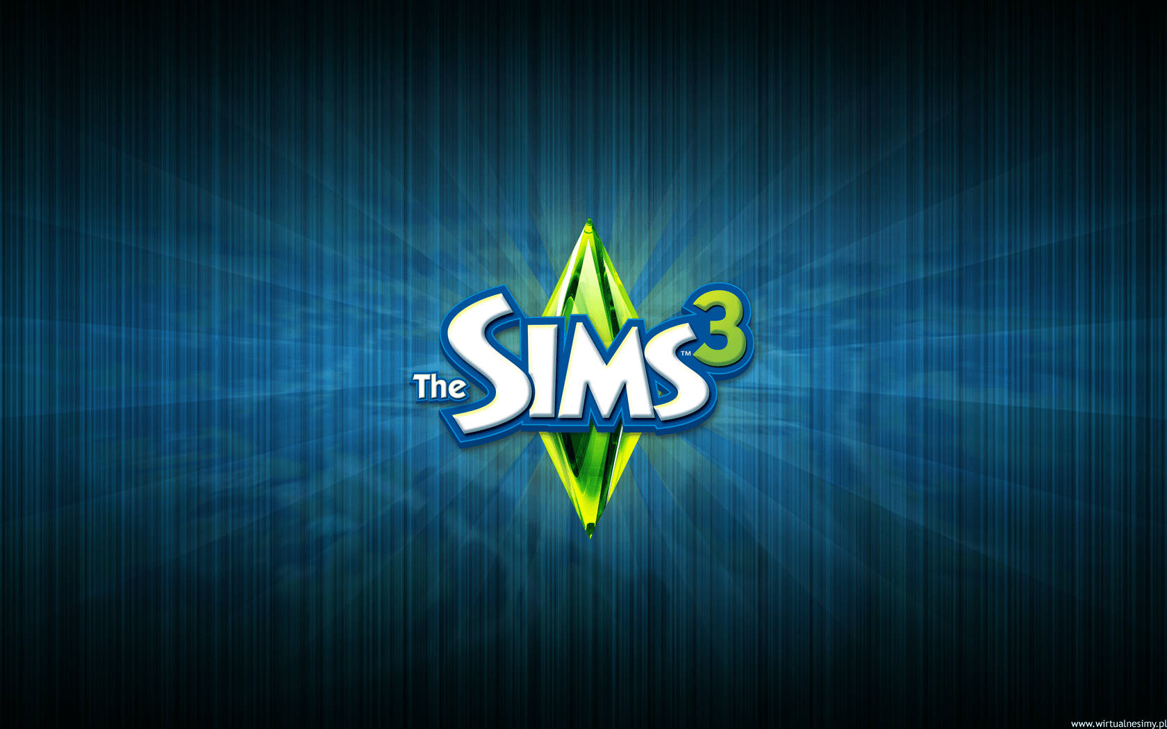 鑽石 桌布 壁紙 — The Sims 3 標誌在深藍色放射狀背景上閃耀著明亮的綠色鑽石。