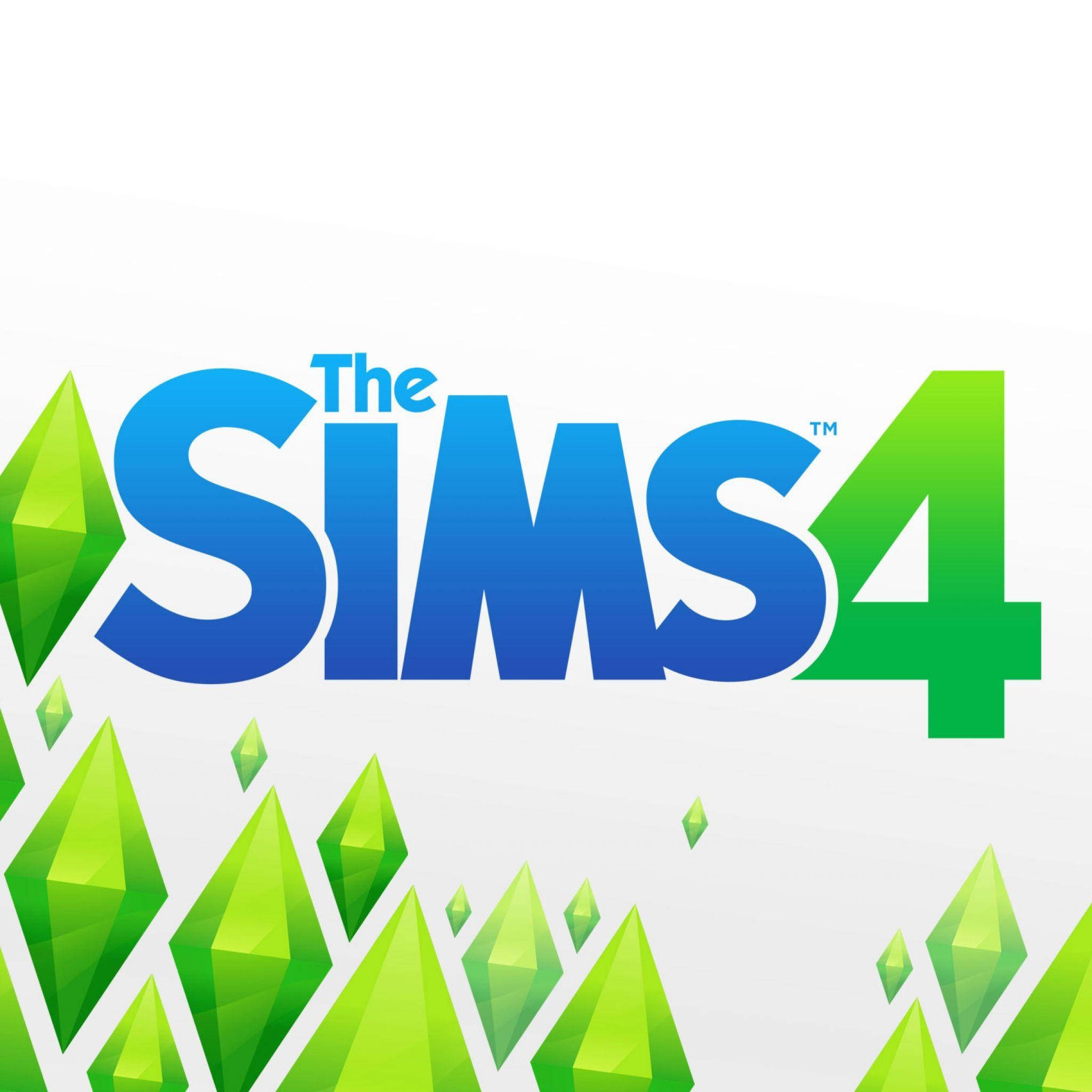 鑽石 桌布 壁紙 — The Sims 4 標誌，以粗體藍色和綠色漸變文字呈現，周圍環繞著風格化的綠色寶石形狀，背景為白色。