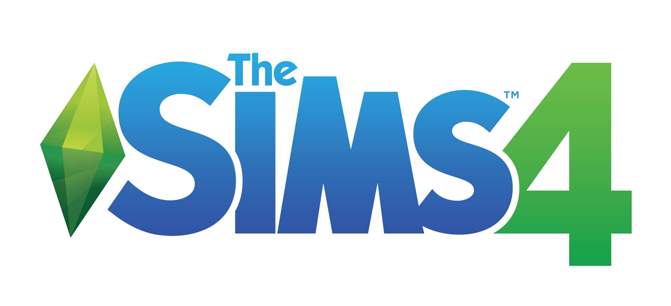 The Sims 4 桌布 壁紙 — The Sims 4 標誌，帶有漸變藍色和綠色文字以及白色背景上的綠色寶石圖示。