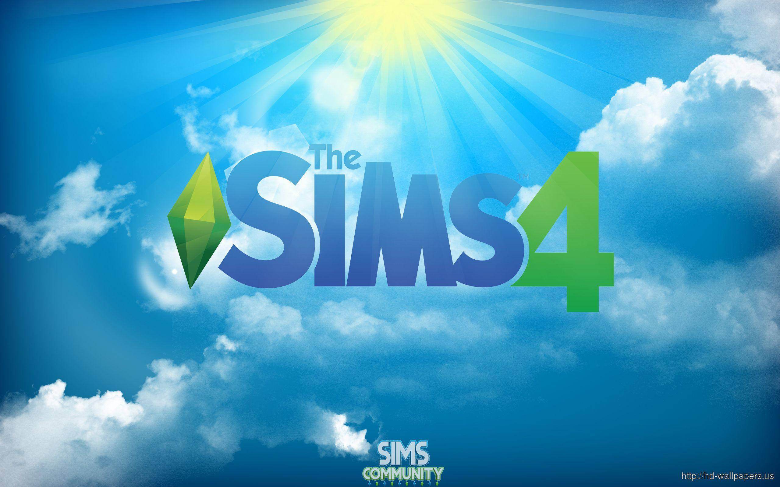 鑽石 桌布 壁紙 — The Sims 4 標誌漂浮在明亮的藍天中，伴隨著陽光和蓬鬆的白雲。