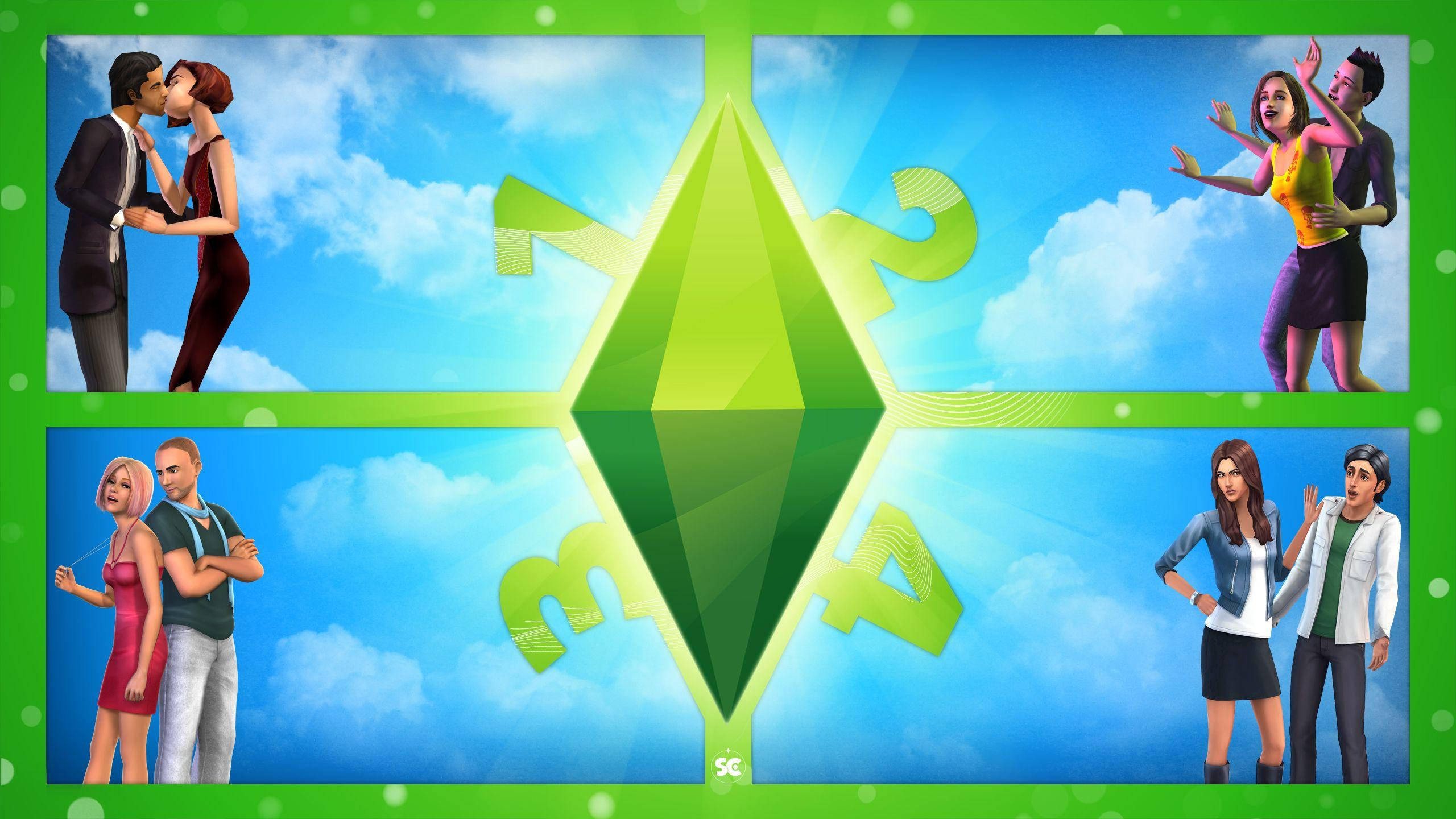 鑽石 桌布 壁紙 — 《The Sims 4》的四個充滿活力的場景，在明亮的藍天下，中央有一個綠色標誌，展示了不同角色在浪漫和嬉戲的時刻。