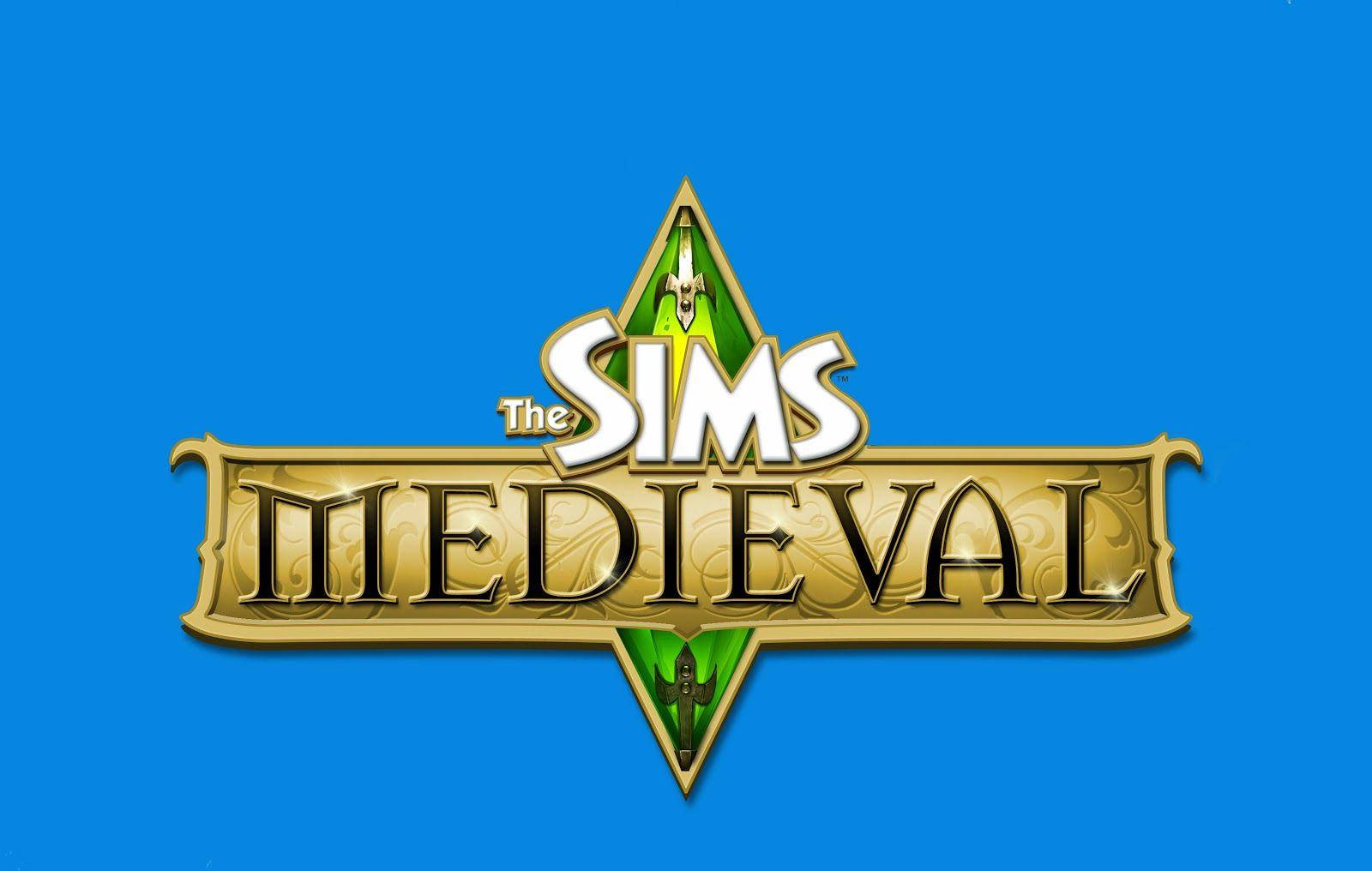 鑽石 桌布 壁紙 — The Sims Medieval 標誌，金色華麗字體和綠色鑽石點綴在純藍色背景上。
