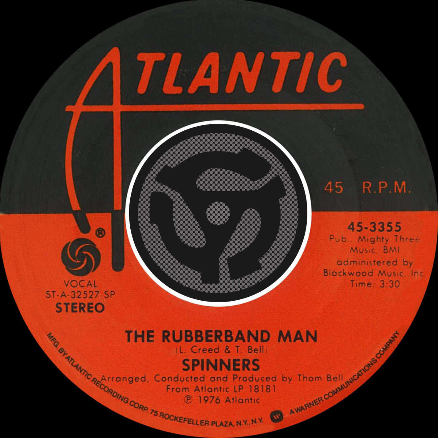 Rappers 桌布 壁紙 — The Spinners 的《The Rubberband Man》的復古 Atlantic Records 45 RPM 黑膠唱片標籤，帶有醒目的橙色和黑色字體。