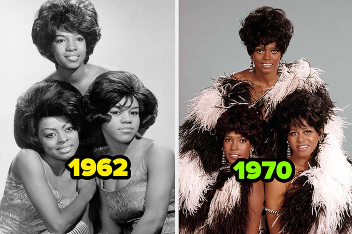 band 桌布 壁紙 — The Supremes 在 1962 年和 1970 年的並排肖像，展示她們不斷演變的華麗風格和標誌性髮型。