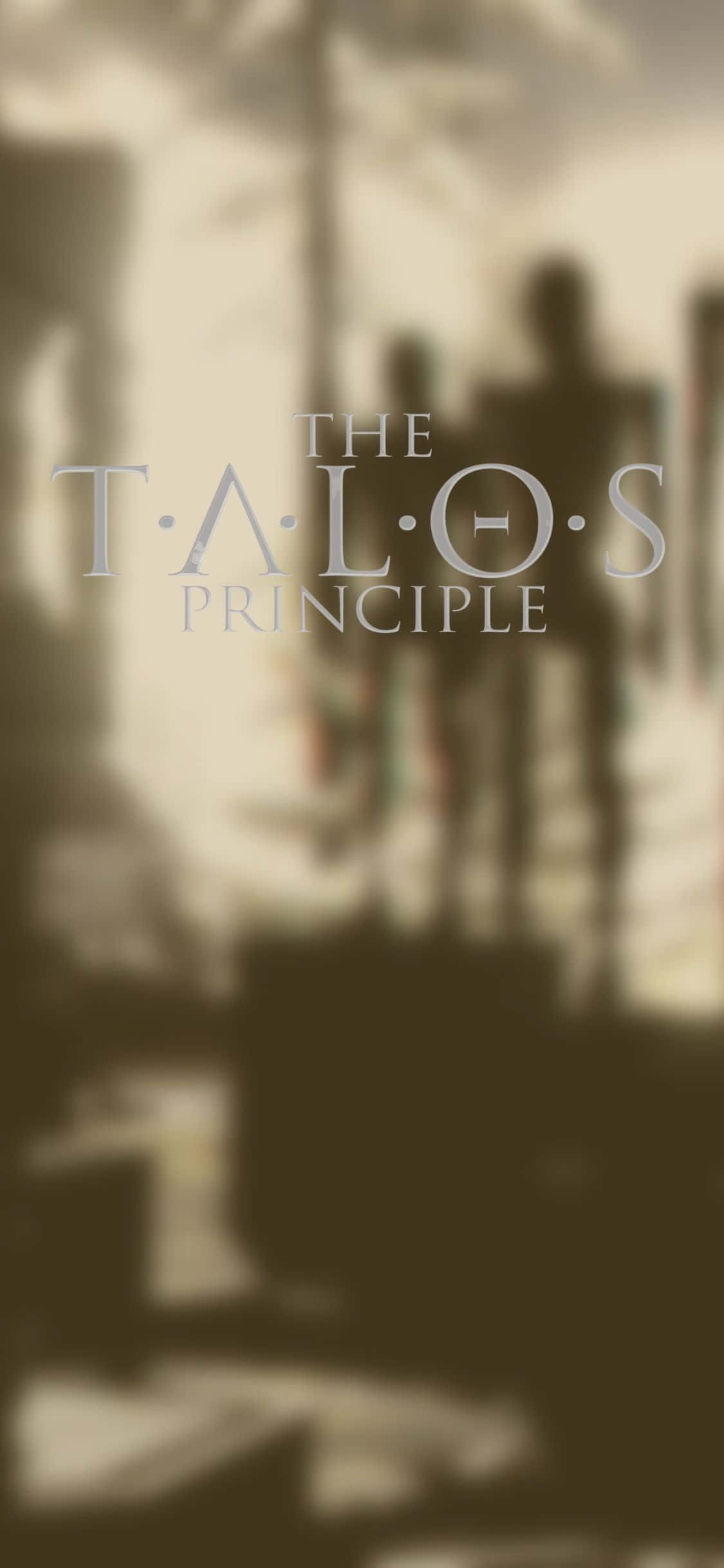 iPhone Xs The Talos Principle 桌布 壁紙 — The Talos Principle 的模糊懷舊色調背景，發光標題文字後面有剪影人物。