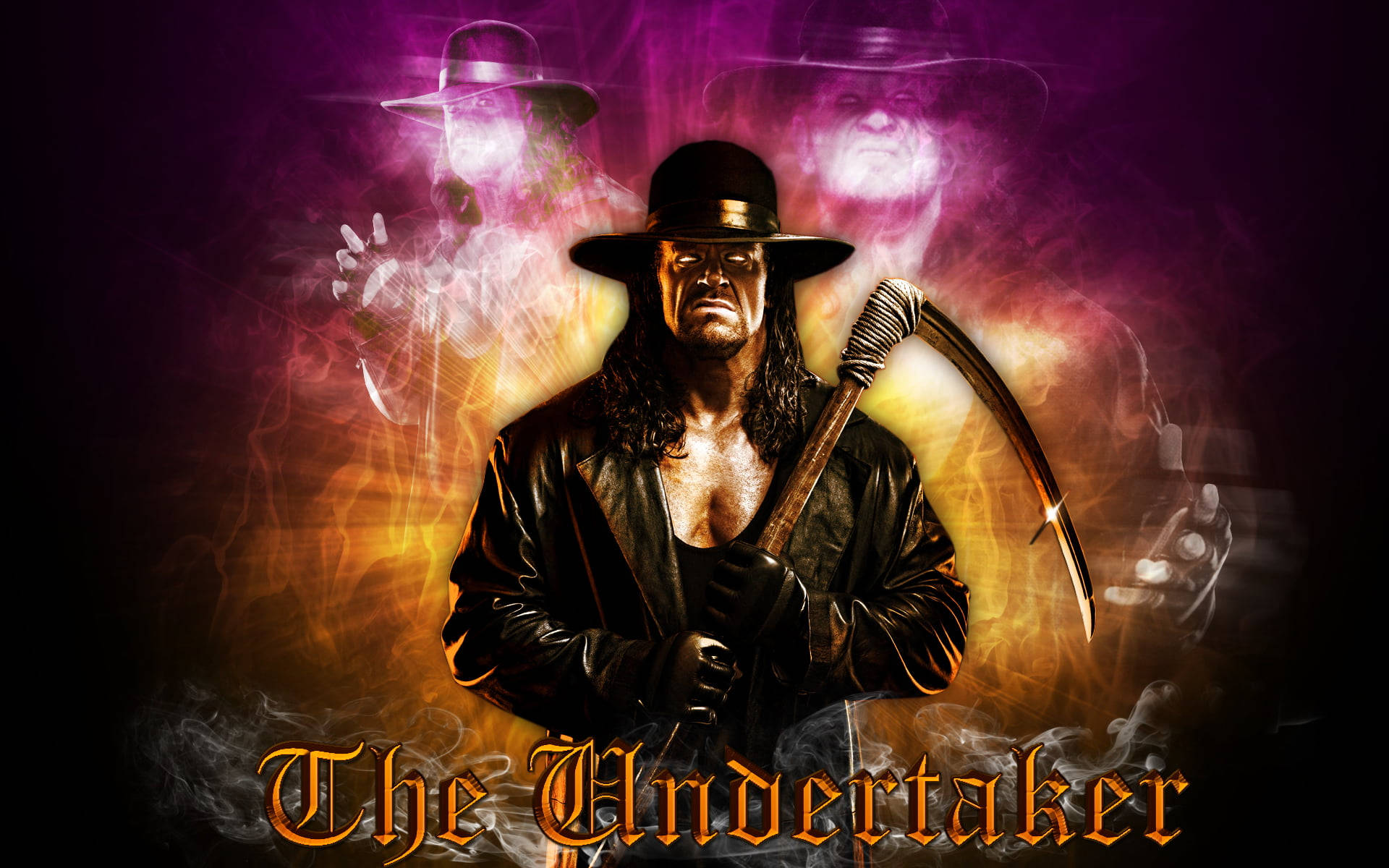 Undertaker 桌布 壁紙 — The Undertaker 在紫色和金色的火熱光環中威嚴地站著，手持鐮刀，身後有鬼影。
