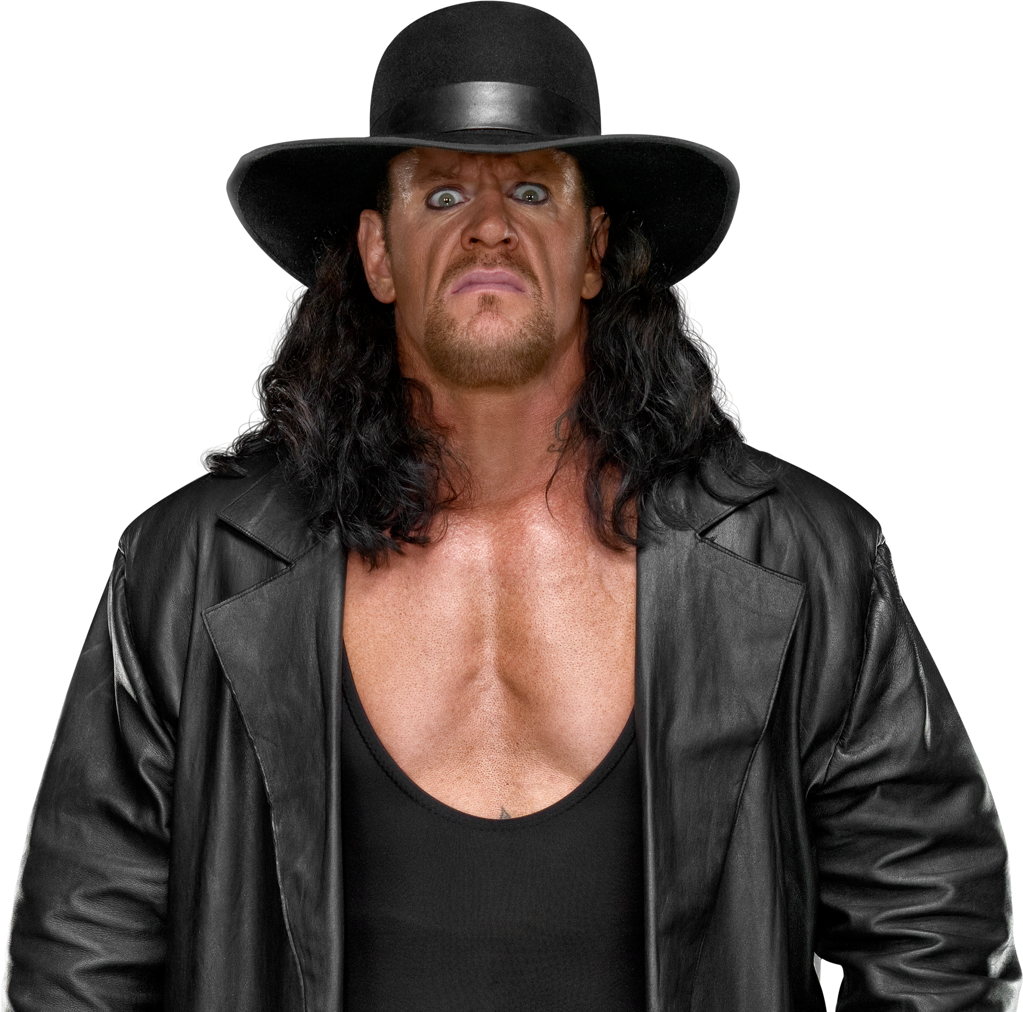 Undertaker 桌布 壁紙 — The Undertaker 在標誌性的黑色帽子和皮夾克下，睜大眼睛，強烈地凝視著純黑色背景。
