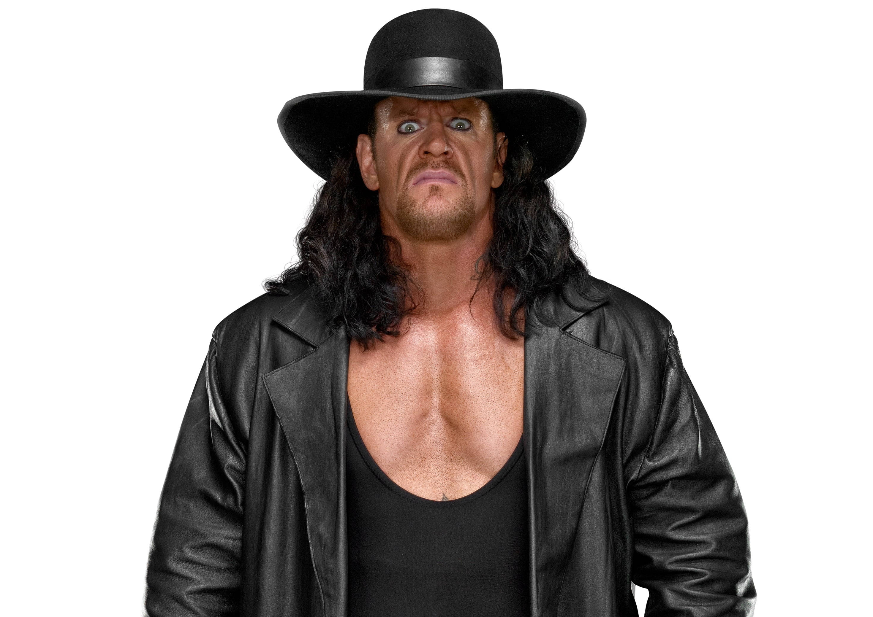 Undertaker 桌布 壁紙 — The Undertaker 身穿黑色皮夾克和寬邊帽，在純白背景下凝視著。