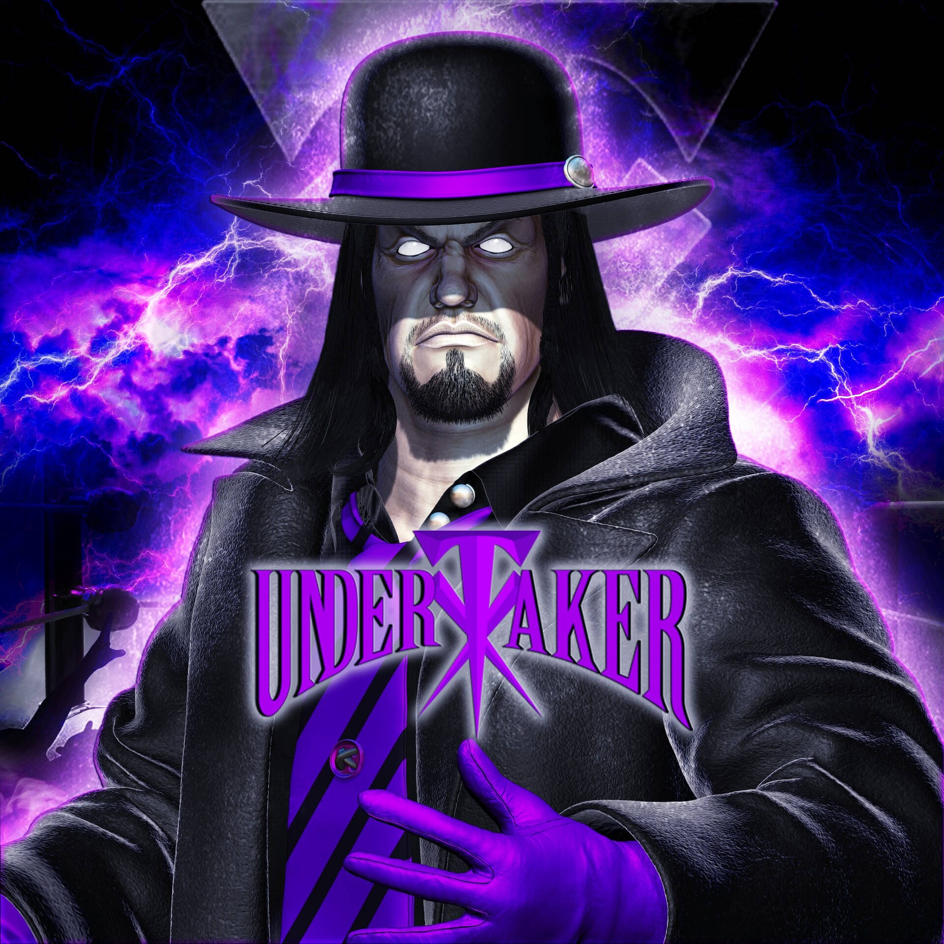 Undertaker 桌布 壁紙 — The Undertaker 身穿黑色外套和帽子，在暴風雨般的紫色閃電背景下威風凜凜地站著，他的名字閃閃發光。