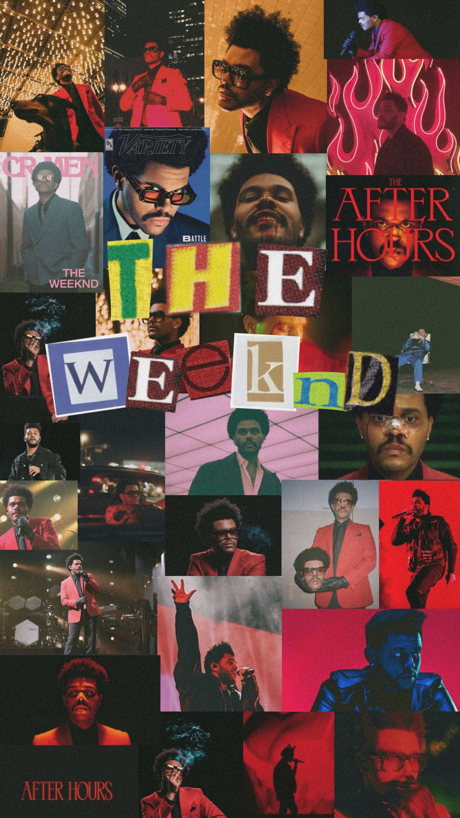 威肯 桌布 壁紙 — The Weeknd 在專輯封面和演唱會場景中以各種紅色服裝和姿勢呈現的充滿活力的拼貼畫。