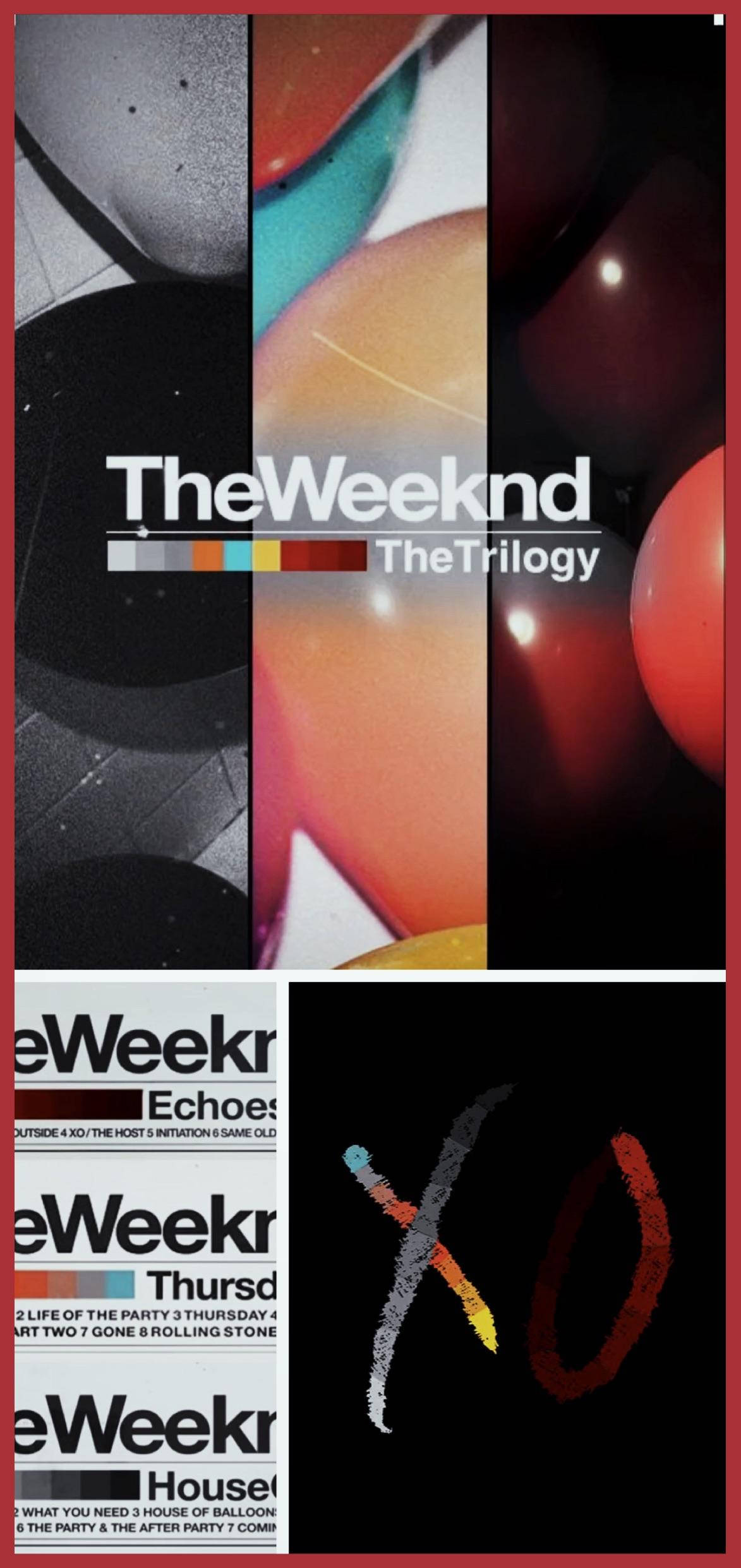 威肯 桌布 壁紙 — The Weeknd 的 The Trilogy 專輯封面拼貼，特色為抽象彩色球體和帶有 XO 標誌的報紙剪報。