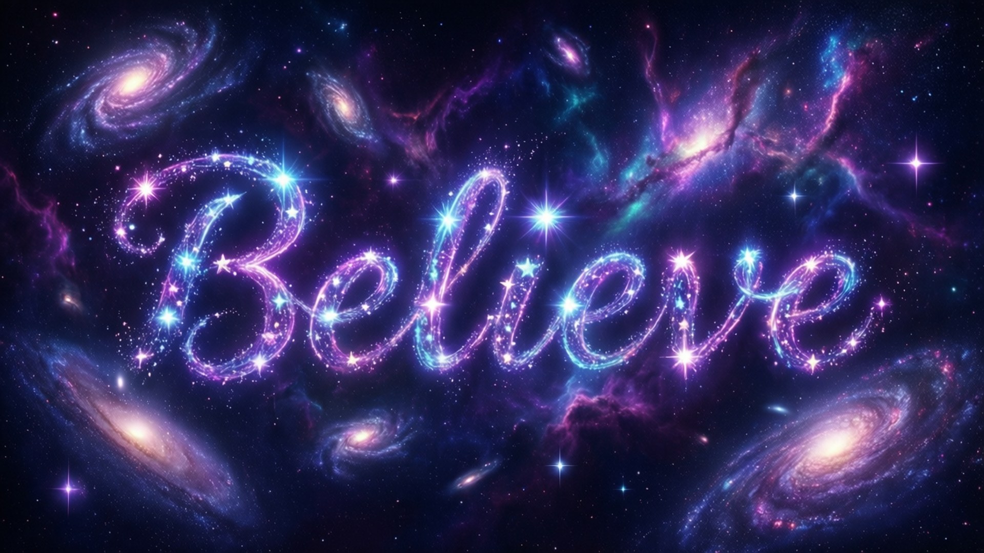 believe 桌布 壁紙 — 「Believe」一詞在深紫色和藍色的漩渦星系與星雲的宇宙背景下，閃爍著星光。