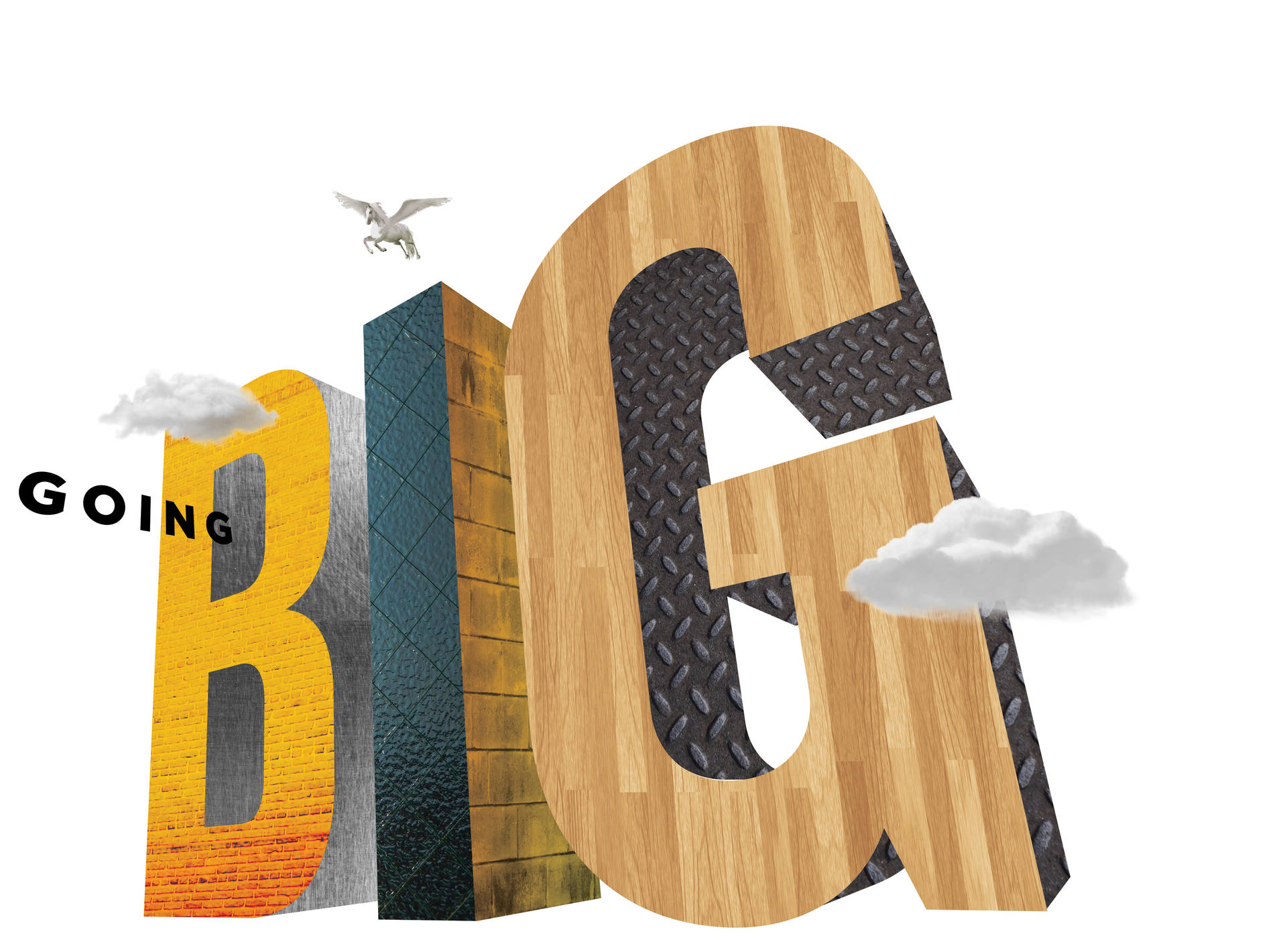 「BIG」這個詞用有質感的3D字母寫成，上方有鳥飛翔和雲朵漂浮。 — 3D 壁紙