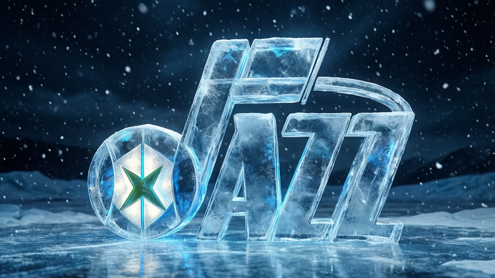 Jazz Ice Sculpture 壁紙 — 「爵士」一詞雕刻在發光的冰上，旁邊有一個冰凍的籃球，雪花飄落。