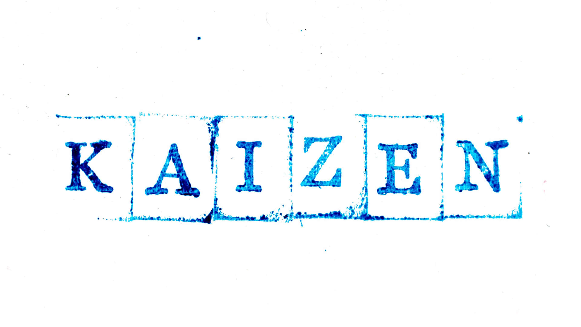  壁紙 — 「KAIZEN」一詞以粗體藍色墨水印在單獨的方形框架內，背景為純白色。