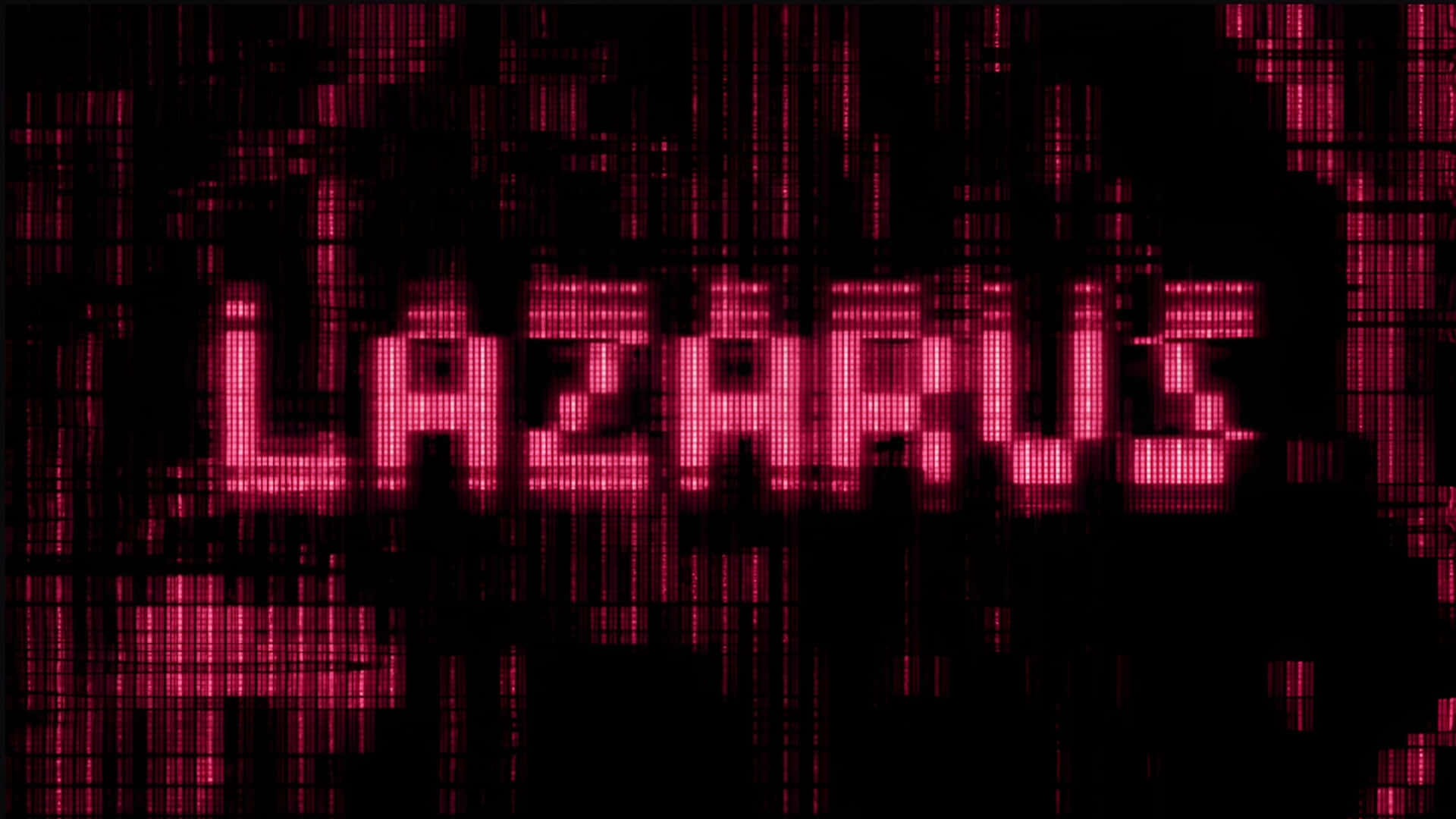  壁紙 — 「LAZARUS」這個字在黑暗數位網格背景上以故障粉紅色像素發光。