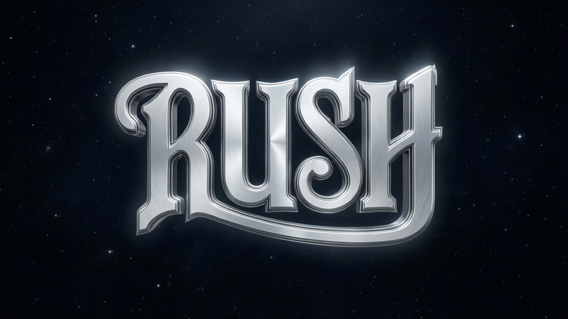 Rush Doors 桌布 壁紙 — 「RUSH」一詞在星空宇宙背景下閃耀著金屬銀色光芒。