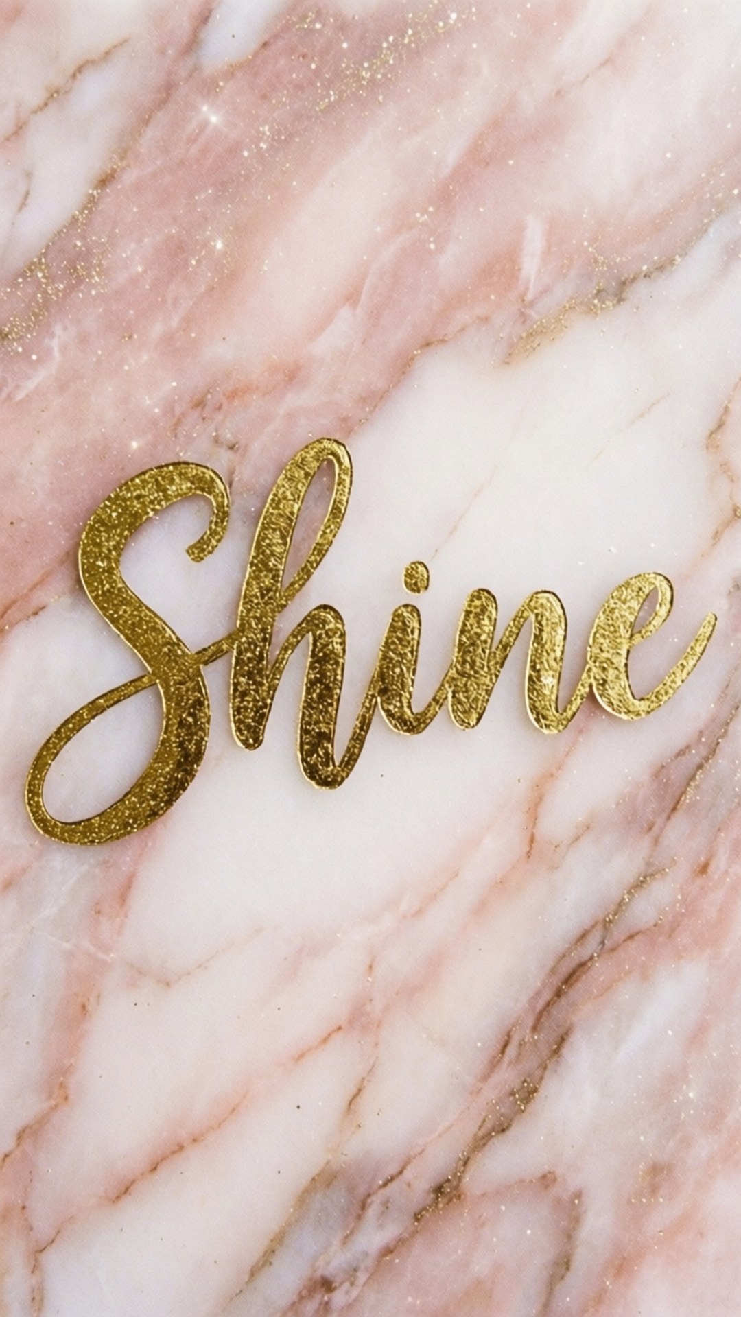 Shine Marble 壁紙 — 「shine」這個詞以閃閃發光的金色草書字體，放置在柔和的粉紅和白色大理石背景上，並散落著金色亮粉。