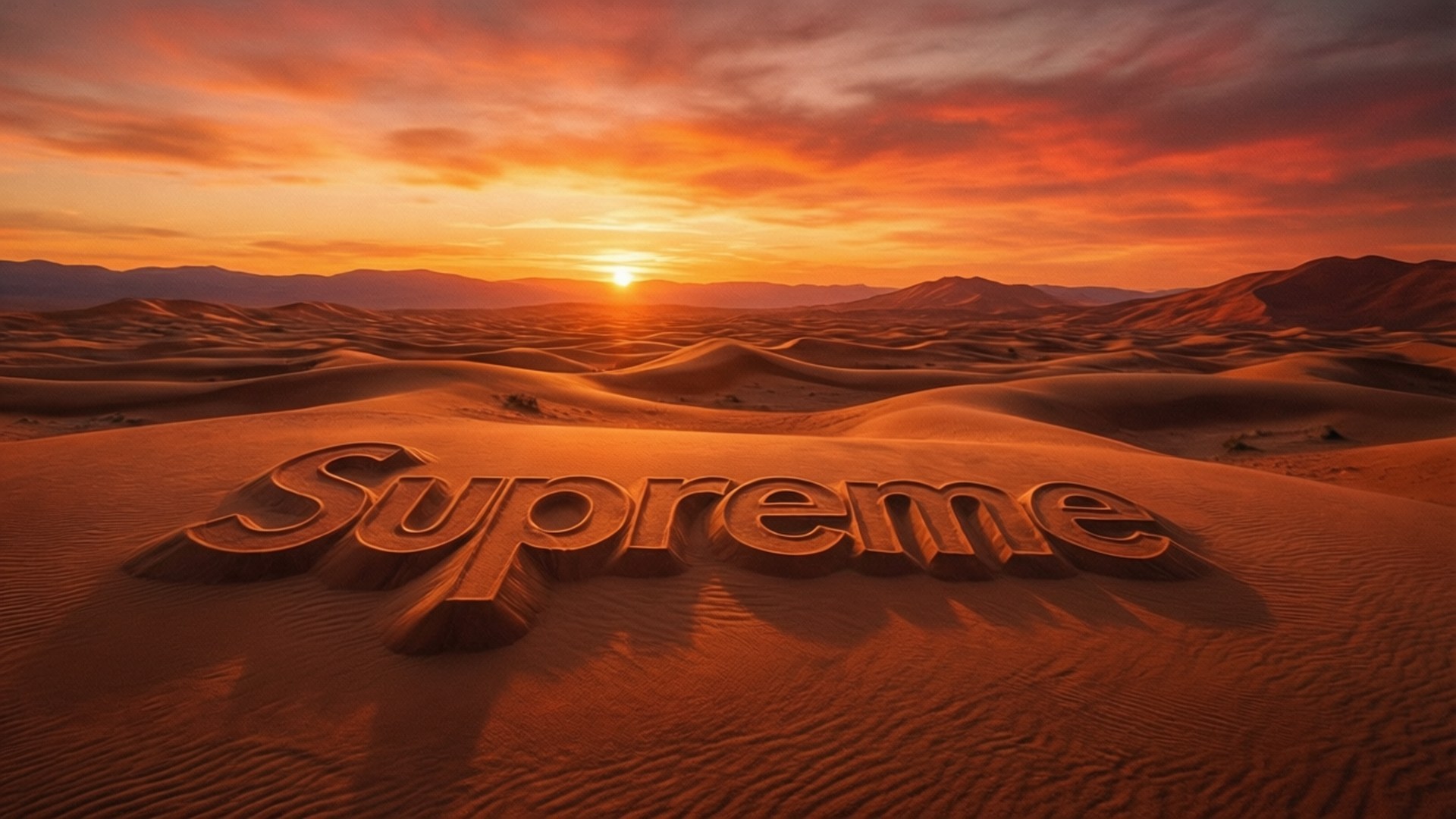 Supreme Desert Mirage 壁紙 — 在熾熱的橙色日落和遠山下的沙丘上刻有「supreme」一詞。