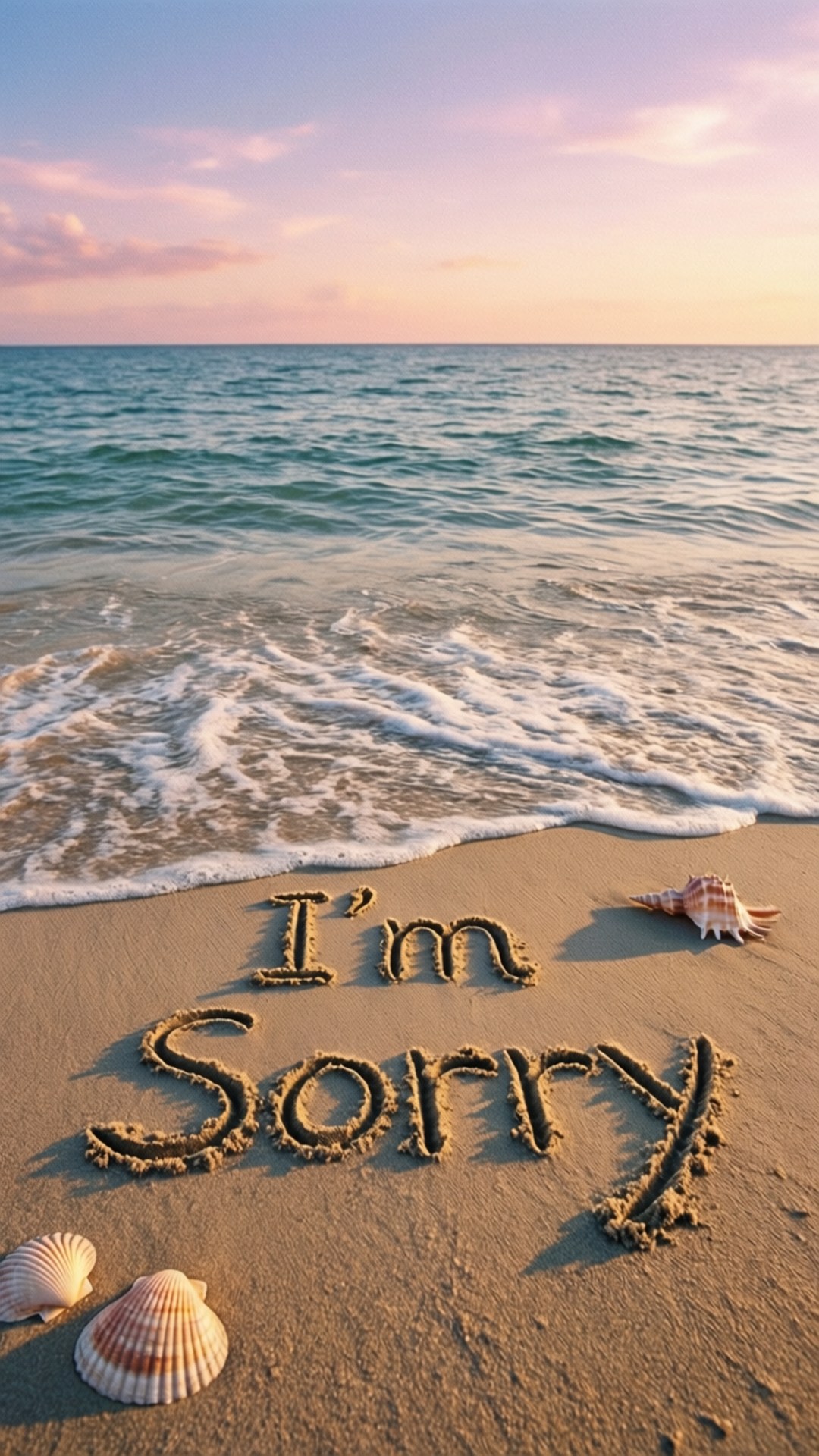 im 桌布 壁紙 — 「I'm Sorry」這幾個字寫在沙灘的沙子上，日落時分，附近有柔和的海浪和貝殼。