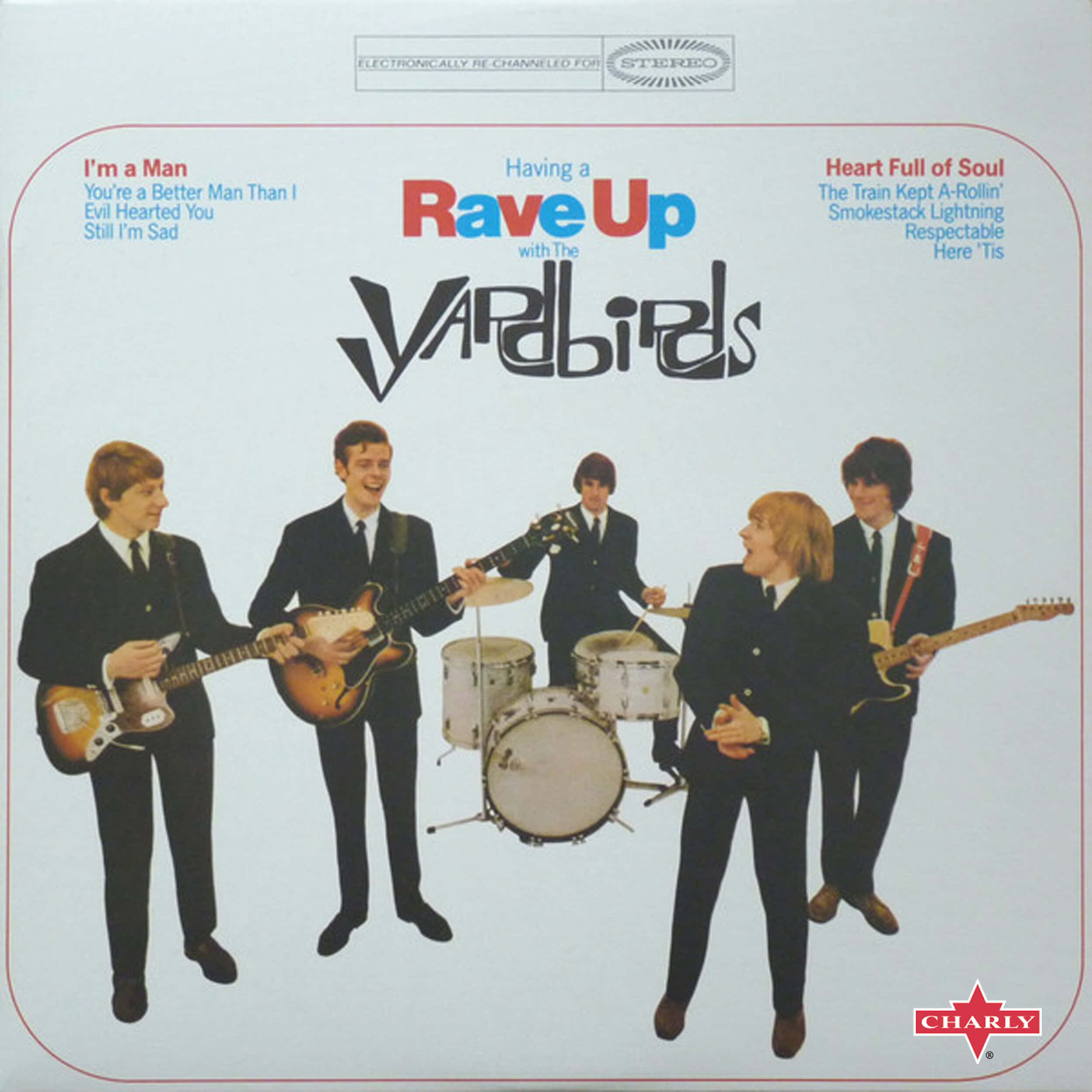 Album Cover 桌布 壁紙 — The Yardbirds 的復古專輯封面，穿著俐落西裝，在樸素背景前彈奏吉他和打鼓。