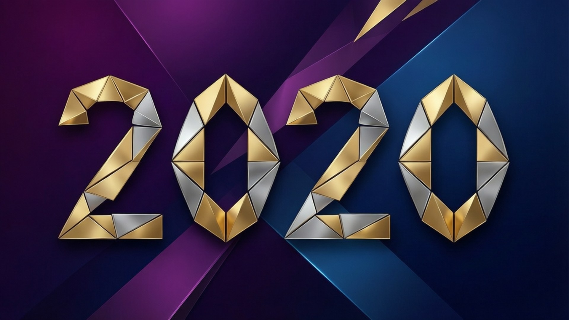 Geometric 2020 壁紙 — 2020 年以切割面金銀幾何字體呈現，背景為動態紫色和藍色漸變。