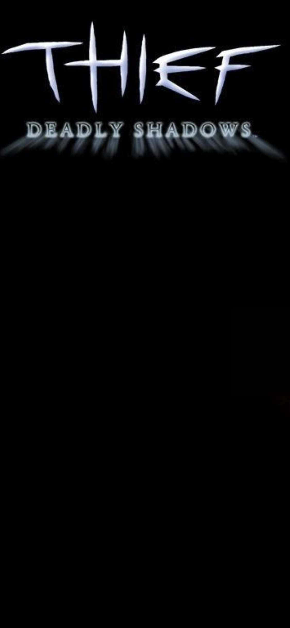 iPhone Xs Thief 桌布 壁紙 — 「THIEF DEADLY SHADOWS」標題以銳利的銀色字體在純黑背景上發光。