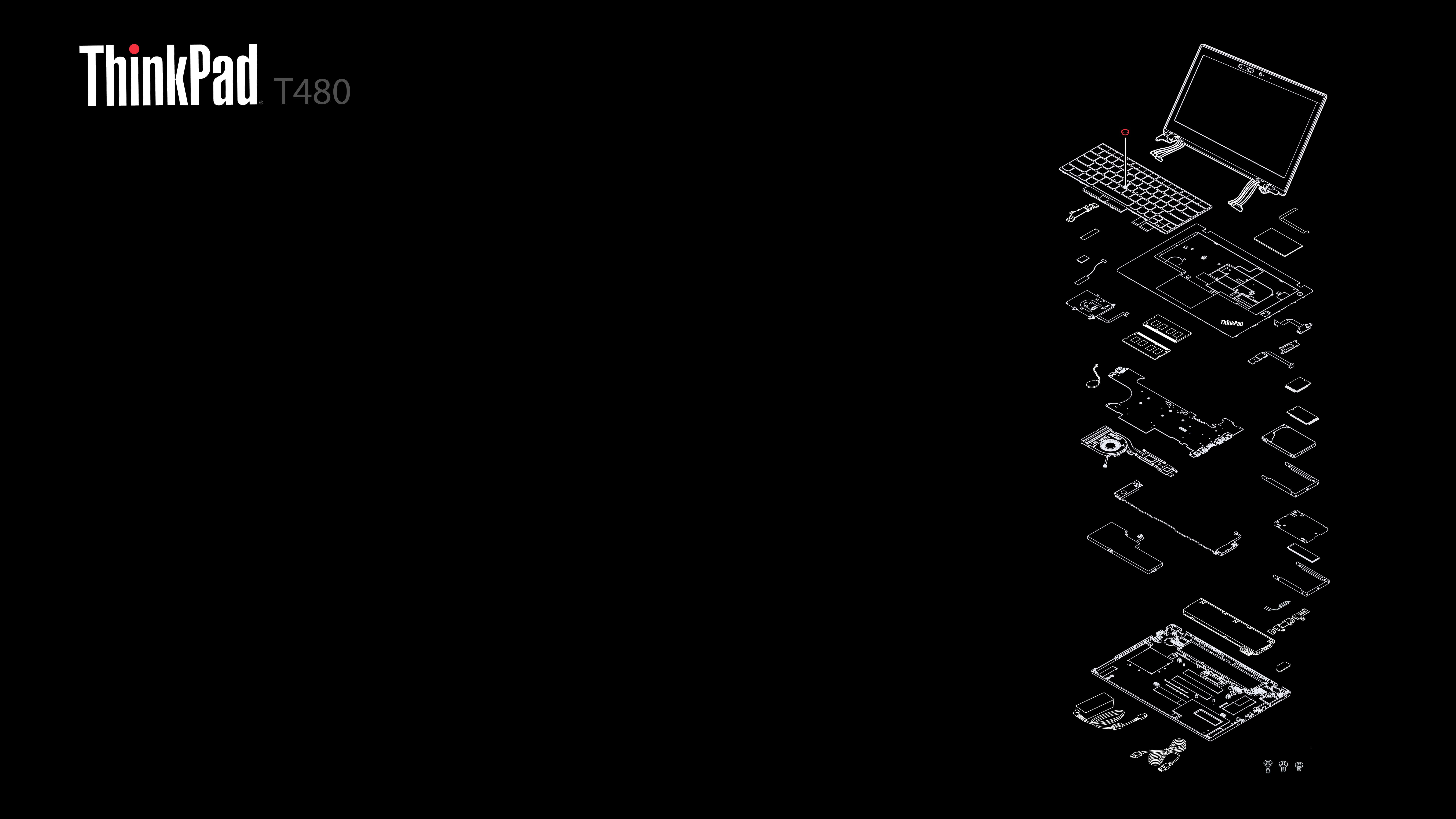 Thinkpad 桌布 壁紙 — ThinkPad T480 筆記型電腦爆炸圖，白線黑底顯示所有內部組件。