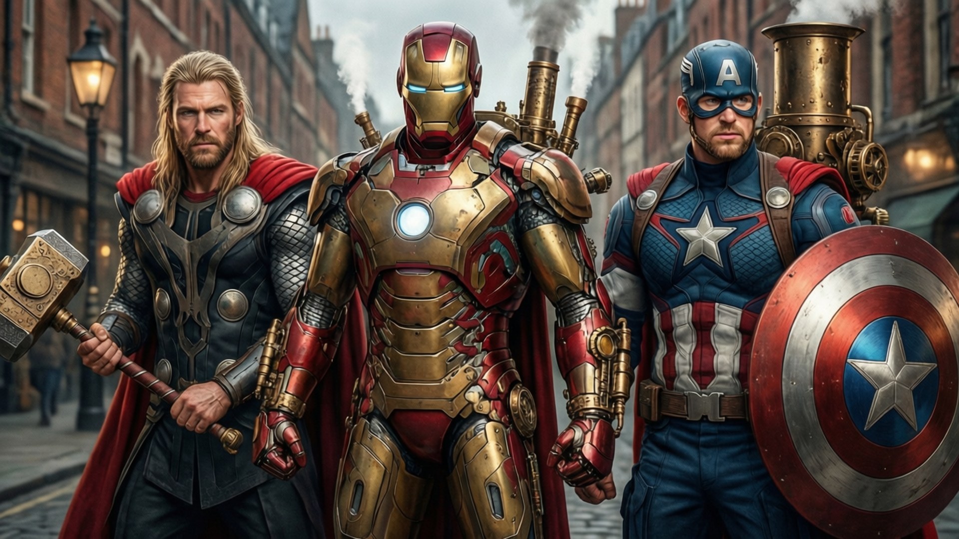 Steampunk Marvel Heroes 壁紙 — 索爾、鋼鐵人和美國隊長並肩站在一條有黃銅管和發光燈籠的蒸氣龐克小巷中。