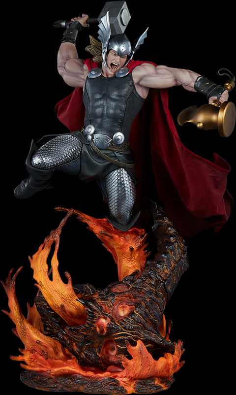 復仇者聯盟 桌布 壁紙 — Thor 動態跳躍，揮舞錘子和燈籠，越過一個火龍般的生物，背景為黑色。