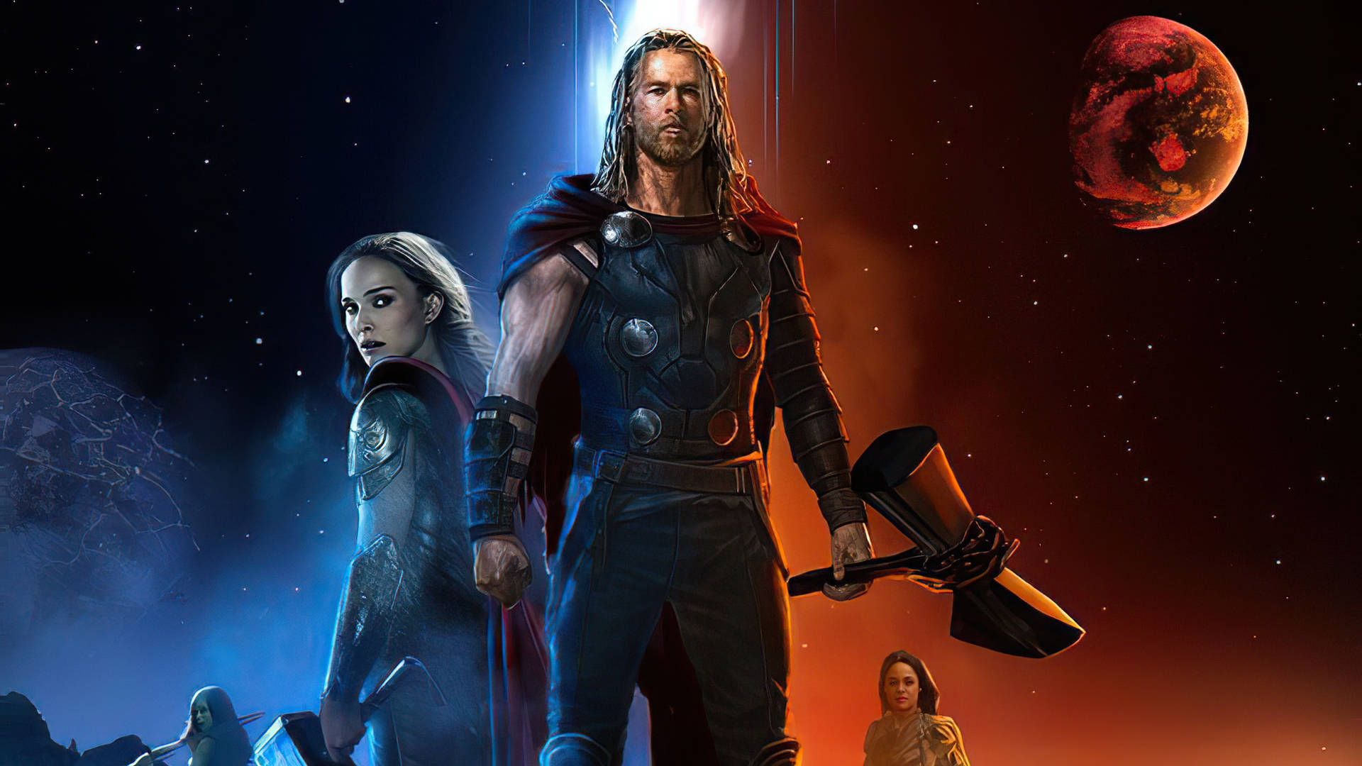 Thor 和 Jane Foster 在太空中與紅色行星和星星 — 雷神索爾：愛與雷霆 壁紙