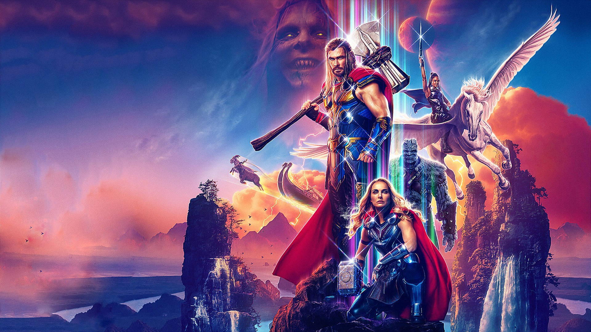 Thor 和女 Thor 站在懸崖上，有翼馬和巨大面孔在奇幻天空中。 — 雷神索爾：愛與雷霆 壁紙