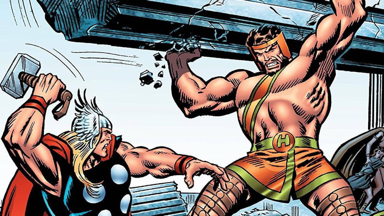 海克力斯 桌布 壁紙 — Thor 揮動他的錘子向 Hulk 攻擊，而 Hulk 則舉起一根巨大的鋼樑在頭頂，構成一個動態的漫畫風格戰鬥場景。
