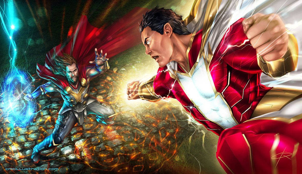 超級英雄 桌布 壁紙 — Thor 與 Shazam 在充滿動感的超級英雄戰鬥中碰撞，伴隨著噼啪作響的能量和熾熱的地面效果。