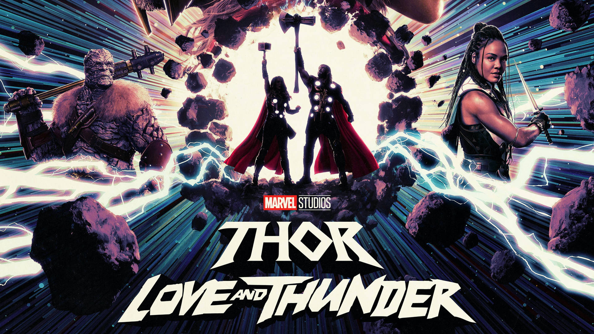 Thor 與盟友在太空中以閃電和小行星作戰。 — 雷神索爾：愛與雷霆 壁紙